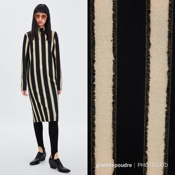 Zara Gold Black Contrast Stripe Shift Knit Dress S - Picture 1 of 4